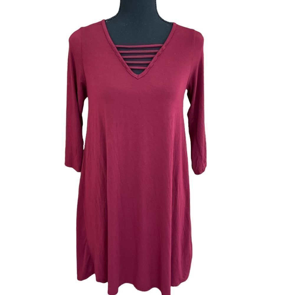 Alya burgundy swing style dress with criss cross bodice details , size S